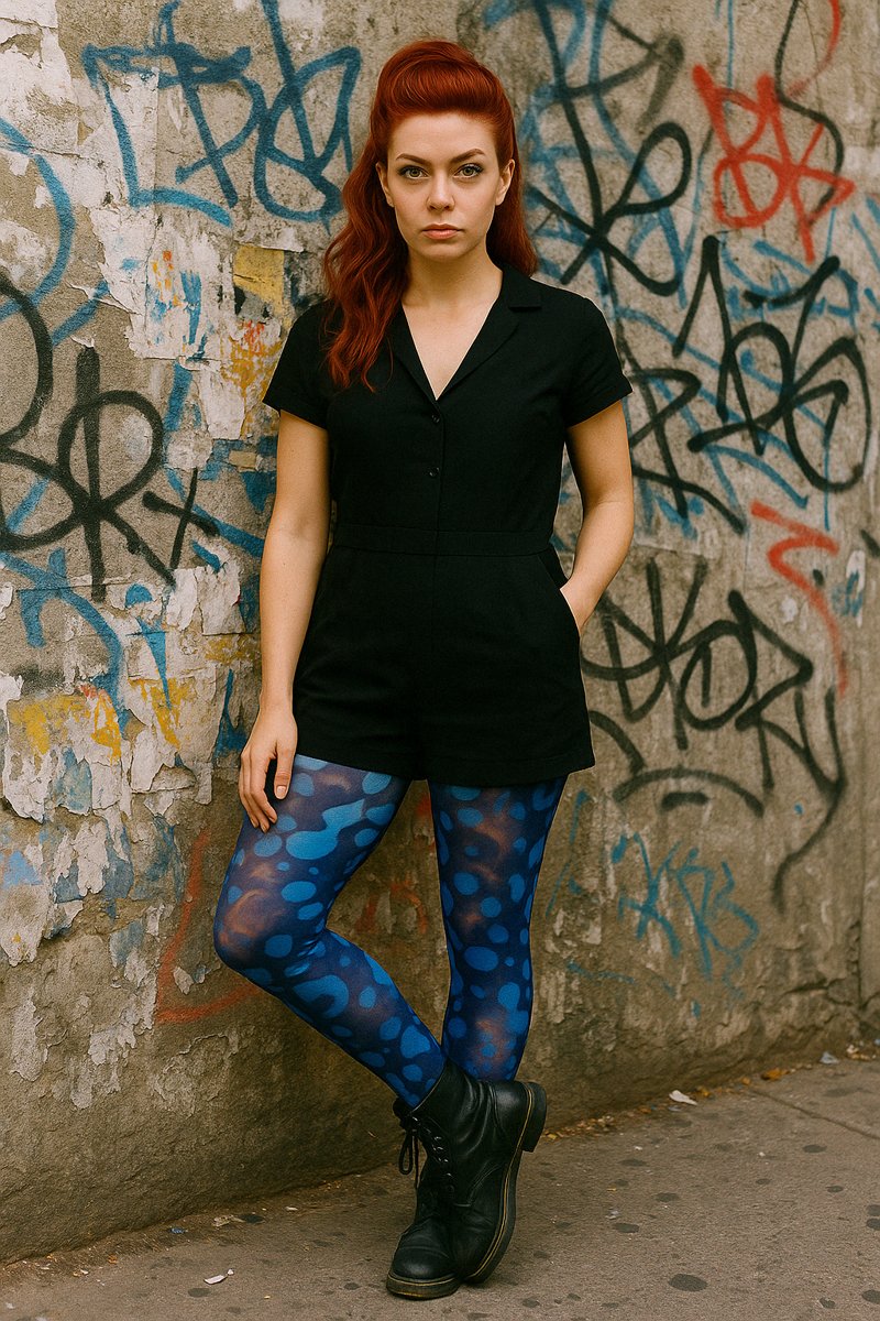 Cass stands against a peeling wall covered in blue, black and red graffiti, facing forward with one hand in a pocket and one knee bent across the other leg. Her long red hair is swept up at the front and falls over one shoulder. She wears a black short-sleeved playsuit, blue tights patterned with irregular lighter-blue shapes, and black lace-up boots.