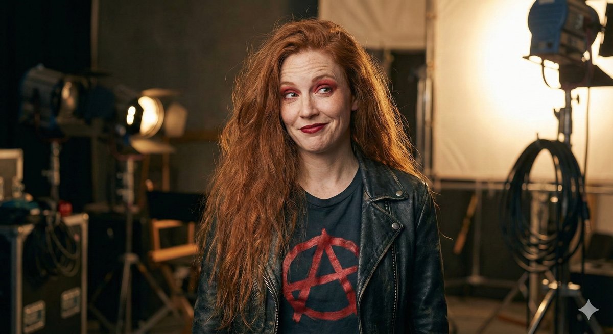 Cathryn stands in a film studio, glancing sideways off camera with a knowing, lopsided smirk. Long, wild, wavy red hair, freckles, bold red eyeshadow and dark red lipstick. A worn black leather biker jacket over a black T-shirt printed with a red anarchy symbol. Behind her, studio lights on stands, coiled cables, flight cases and an empty director's chair.