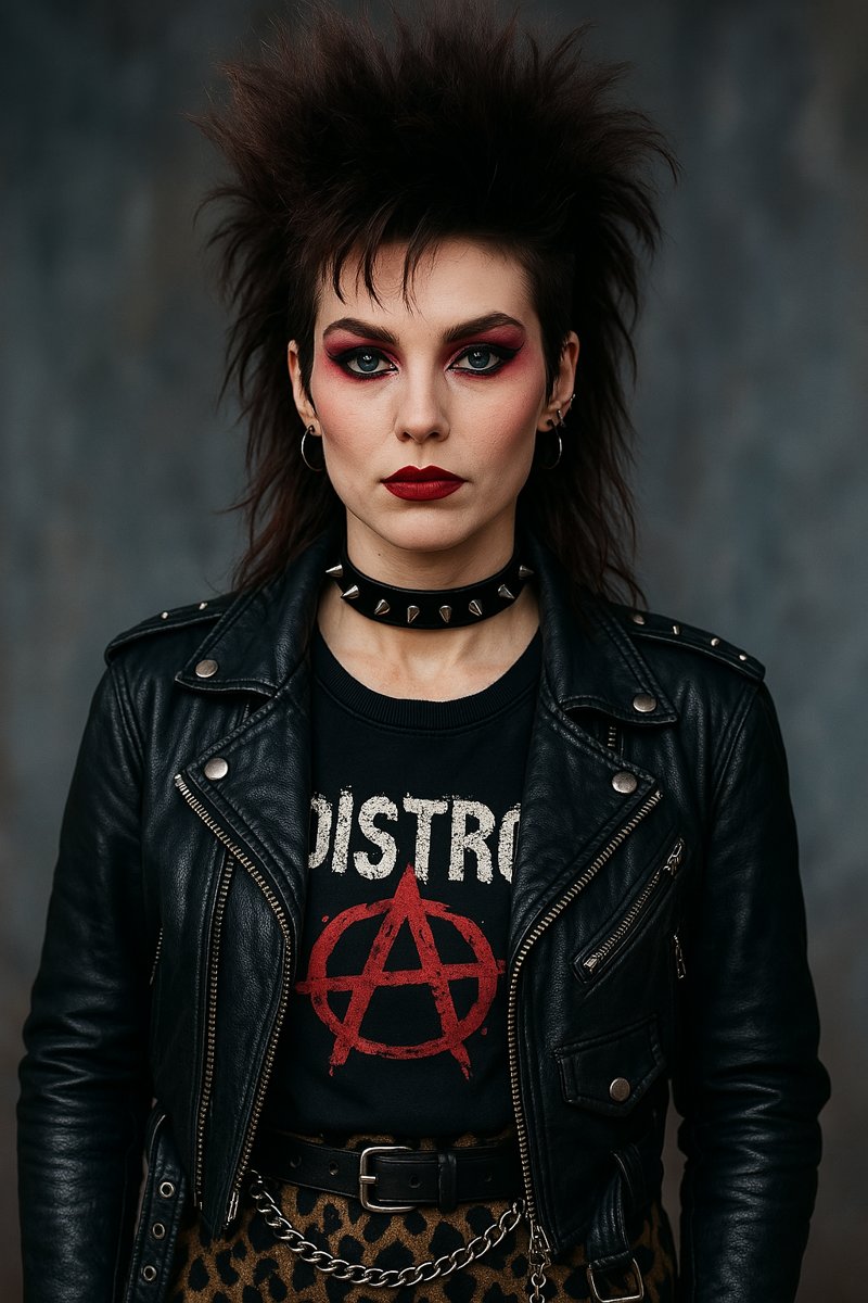 Char faces forward against a grey background, with tall, spiked dark hair, red-and-black eye makeup, red lipstick, hoop earrings and a black studded choker. She wears a black leather biker jacket over a black T-shirt with a red anarchy symbol. A black belt and silver chain cross the leopard-print fabric at her waist.