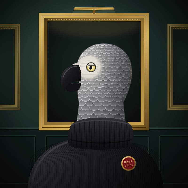 Eval Noah Curare, a grey parrot in a black ribbed roll-neck, against dark green gallery walls and a large gold picture frame lit from above. His head turns to the left, showing scalloped grey feathers, a pale face, a yellow eye and a large black beak. A round red-and-gold badge on his chest reads DAY 0 VIBES.