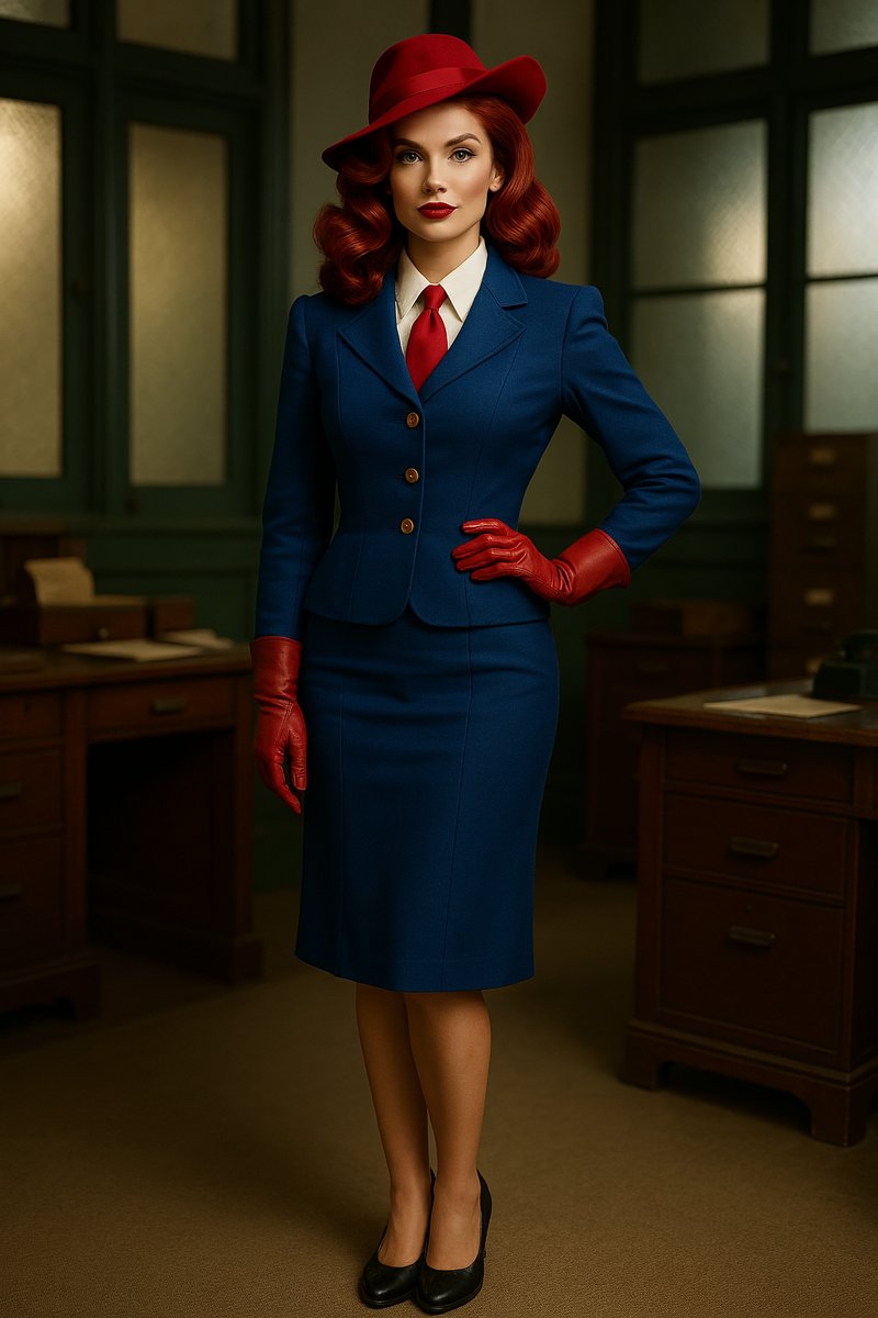 Jo stands facing forward in an office with dark wooden desks and frosted-glass partitions, one red-gloved hand on her hip. Her curled red hair falls beneath a red tilted hat. She wears a fitted blue jacket with gold-coloured buttons and a matching below-knee skirt, a white shirt, red tie, sheer stockings and black heels.
