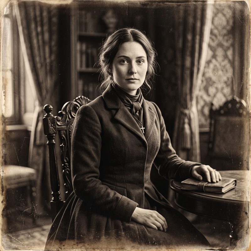 A worn sepia studio photograph of Tiggy at twenty-eight, seated in a carved wooden chair in a Victorian parlour, with heavy curtains, patterned wallpaper and bookshelves behind her. Her dark hair is centre-parted and drawn back loosely, with a few strands escaping, and her gaze is steady, direct and unsmiling. She wears a dark, close-fitting tweed jacket with a scarf at the neck, and a small cross on a fine chain. One hand rests on a strap-bound leather book on a side table. The print is scratched and stained at the edges, like an old tintype.