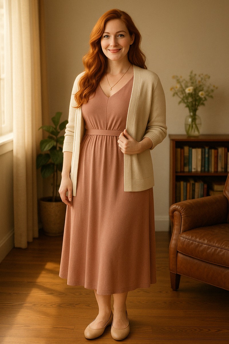 Lily stands smiling beside a sunlit window, with long wavy red hair, a dusty-pink belted dress, cream cardigan, small pendant and pale flat shoes. One hand holds the edge of her cardigan. Behind her are a leafy plant, a bookcase with a vase of flowers and a brown leather armchair.