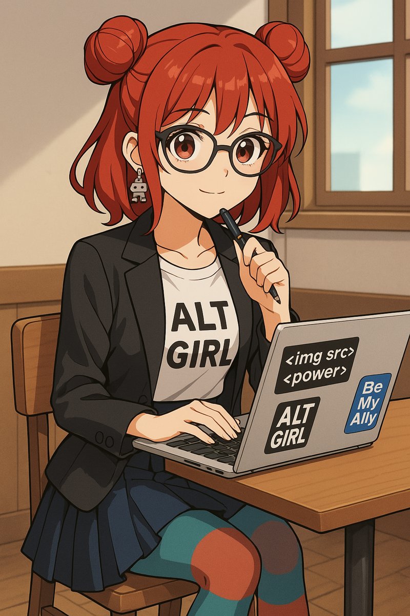 A cartoon of Lottie in a café, sitting at a wooden table with one hand on a laptop and a pen held thoughtfully to her chin, smiling. Red hair in two space buns with loose strands, round dark-rimmed glasses, and a little robot earring. A black blazer over a white T-shirt that says ALT GIRL, a navy pleated skirt, and teal tights patterned with big red spots. The laptop lid has three stickers: ALT GIRL, Be My Ally, and one reading img src power, in angle brackets like code.