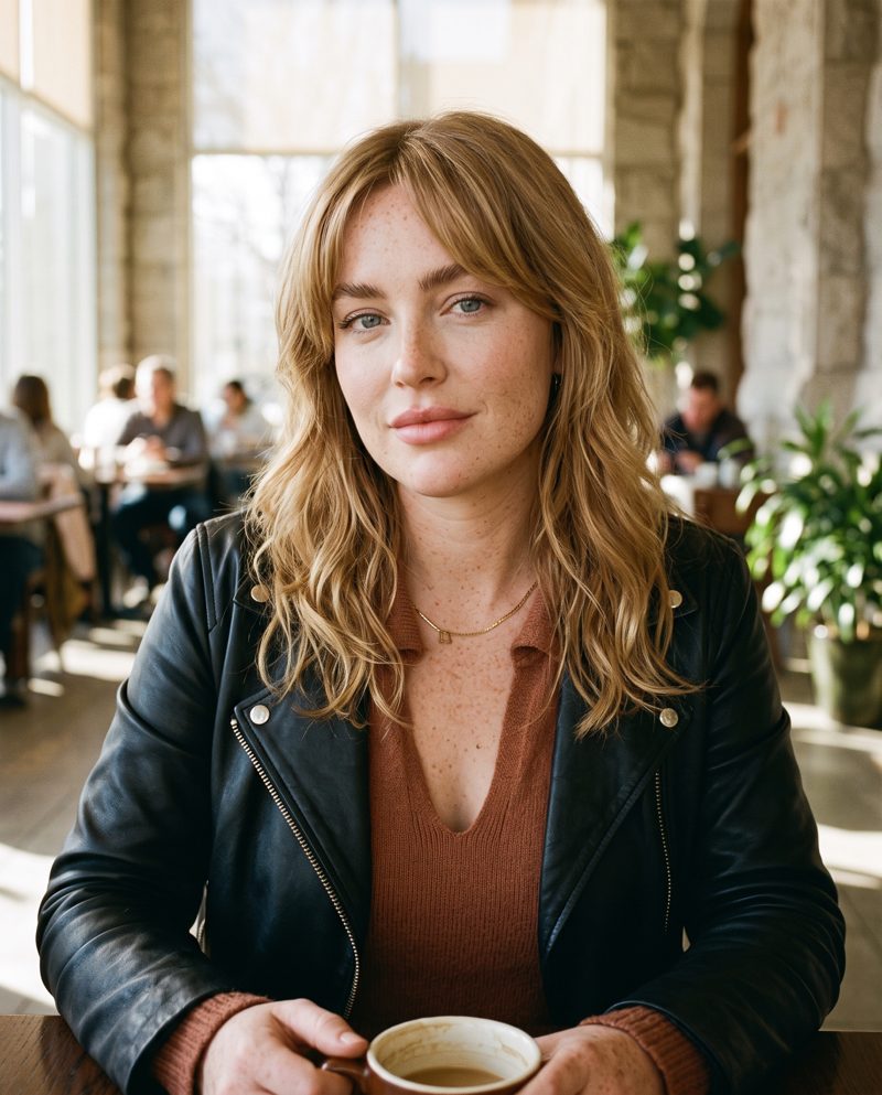 Madison sits square to the camera at a wooden café table, holding a mug of coffee in both hands. Warm, slightly coppery honey-blonde hair in loose waves with a fringe, pale blue eyes, generous freckles down to her chest, and a small, steady smile. A black leather biker jacket over a rust knit with a deep V. Natural daylight, with stone pillars and plants behind her.
