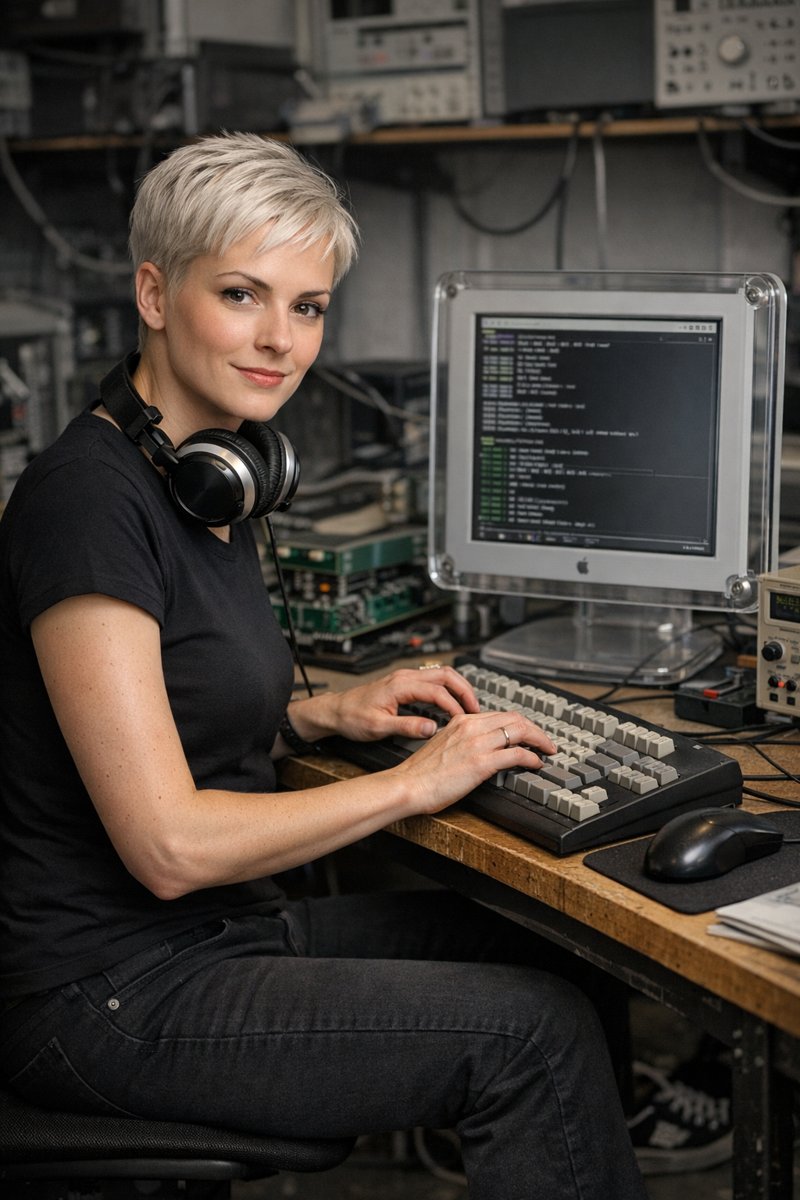 Sheridan sits side-on at a workbench, turned to look at the camera with a small, confident smile. Short platinum-blonde pixie cut, fair skin, a black fitted T-shirt and black jeans, black-and-silver headphones round her neck. Her hands rest on a grey mechanical keyboard; beside it, a clear-framed Apple monitor shows lines of green and white text on a dark screen. Behind her, shelves of old electronic test equipment, circuit boards and cables.