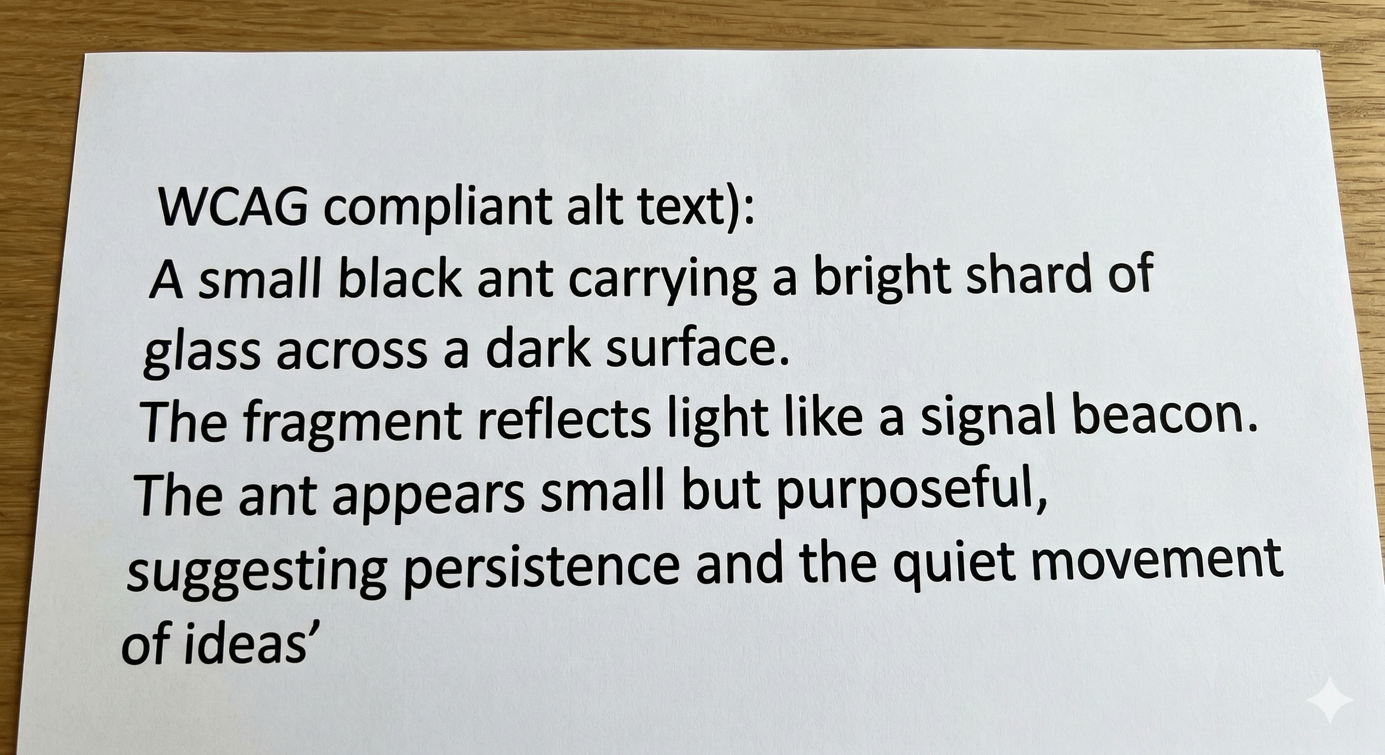 A small black ant carrying a bright shard of glass across a dark surface. The fragment reflects light like a signal beacon. The ant appears small but purposeful, suggesting persistence and the quiet movement of ideas.