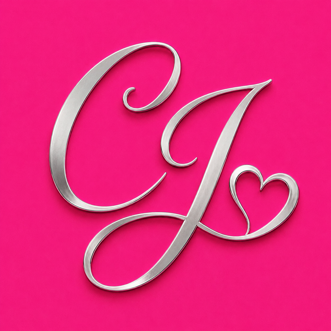 Silver calligraphic CJ initials with a heart on a vivid pink background.