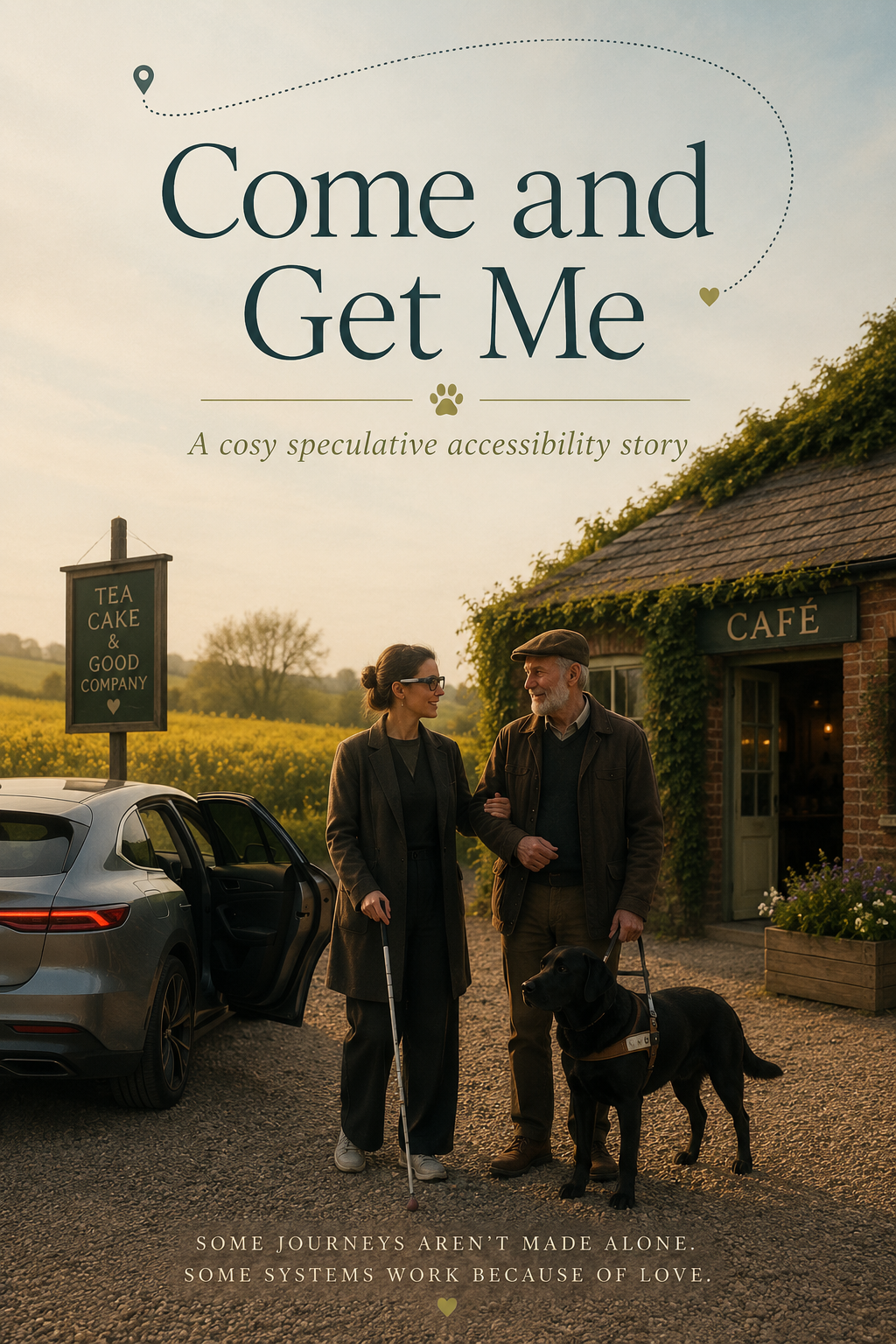 Illustrated cover for Come and Get Me: A cosy speculative accessibility story. Outside a countryside café, a woman holding a white cane walks arm in arm with an older man in a flat cap, accompanied by a black guide dog. A grey car with an open rear door is beside them. The café sign says “Tea Cake & Good Company”, and the café name is written above its door. Dotted journey lines lead from a map pin to a heart around the title. The bottom text says, “Some journeys aren’t made alone. Some systems work because of love.”