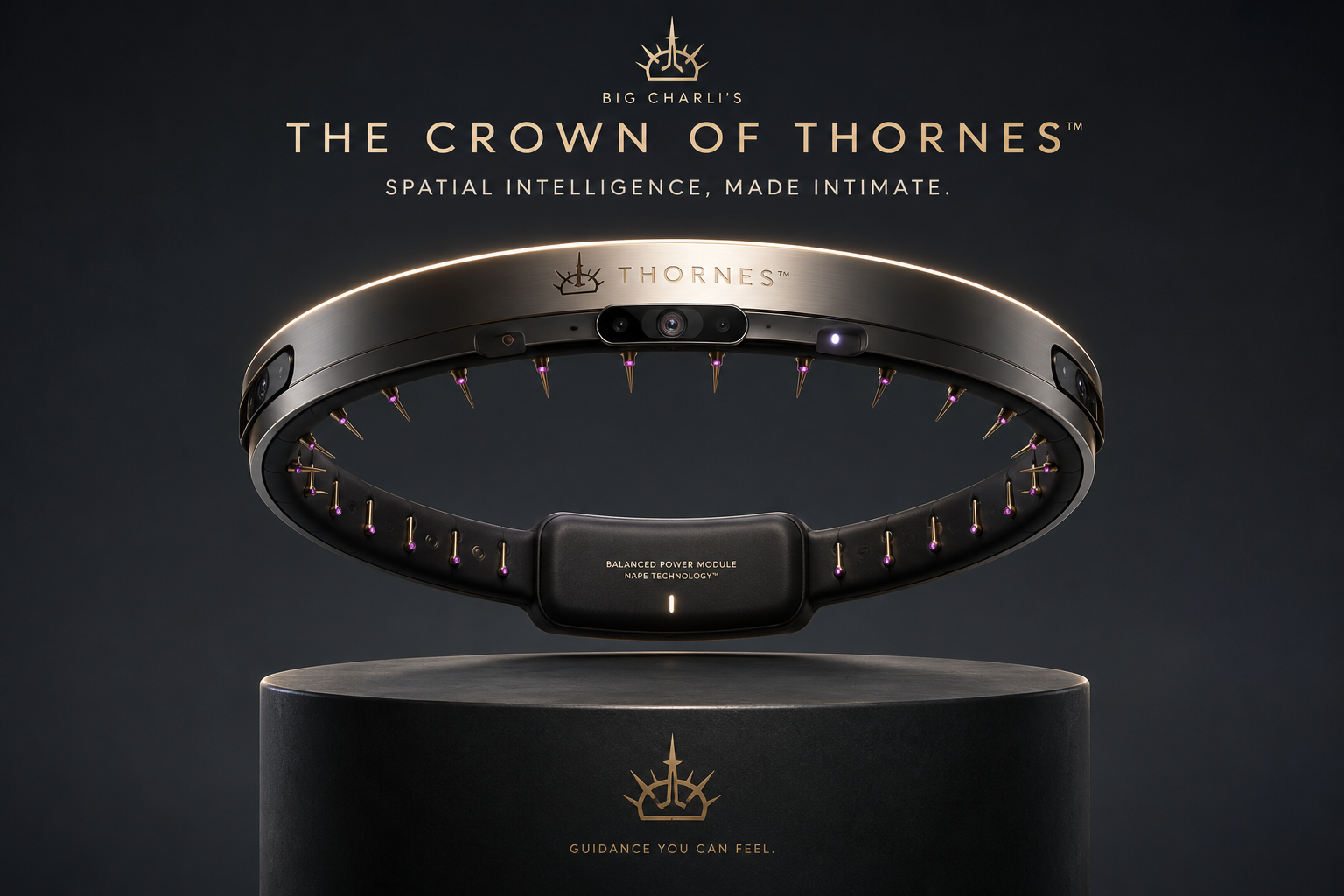 A luxury product advertisement on a dark charcoal background. Gold text at the top reads ‘Big Charli’s The Crown of Thornes™’ and ‘Spatial intelligence, made intimate.’ At the centre, a black-and-metallic circular headband floats above a dark plinth. Its inner rim is lined with many short gold spikes, each with a purple base; the outer rim holds multiple cameras and sensors. The front module is labelled ‘Balanced Power Module’ and ‘Nap Technology™’. The plinth bears a gold crown-and-thorns logo and the phrase ‘Guidance you can feel.’