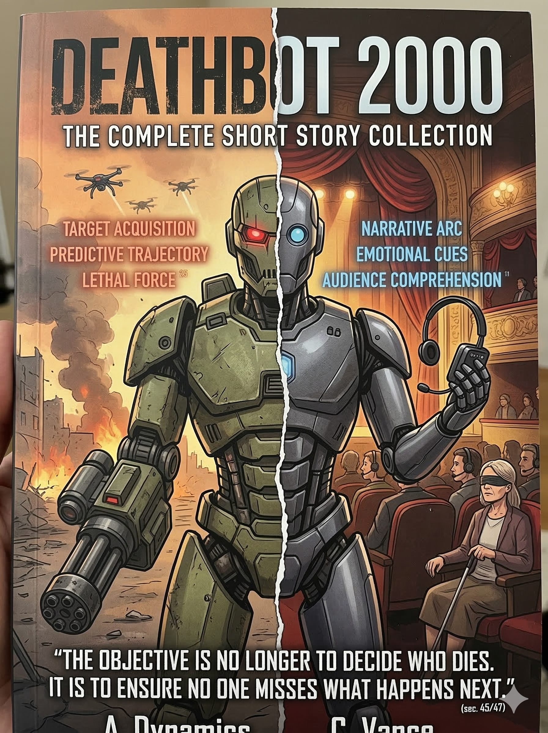 Illustrated cover for DeathBot 2000, split vertically by a torn white seam. On the left, a green armed combat robot stands before burning ruins and drones. On the right, the same robot holds a headset in a theatre beside seated audience members, including a blind woman using a white cane. The cover contrasts the military terms ‘Target acquisition, predictive trajectory, lethal force’ with ‘Narrative arc, emotional cues, audience comprehension’, and ends: ‘The objective is no longer to decide who dies. It is to ensure no one misses what happens next.’