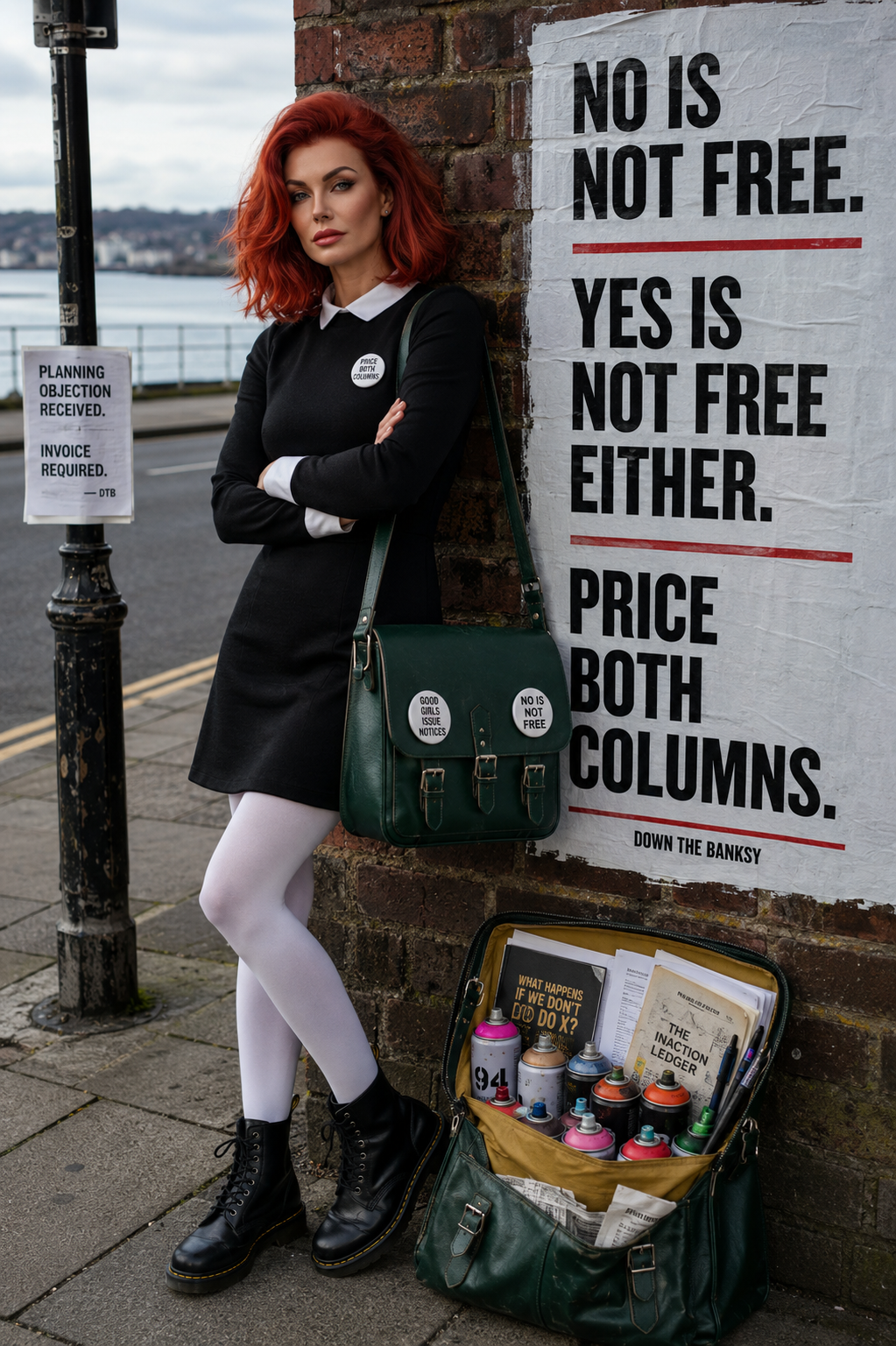 A red-haired woman in a black dress, white tights and black boots stands beside a brick wall on a waterfront street. A large poster reads, “No is not free. Yes is not free either. Price both columns.” A smaller notice on a nearby lamp post says, “Planning objection received. Invoice required. — DTB”. Beside her are green satchels, one open with spray-paint cans and documents including “The Inaction Ledger”; round badges read “Price both columns”, “Good girls issue notices” and “No is not free”.