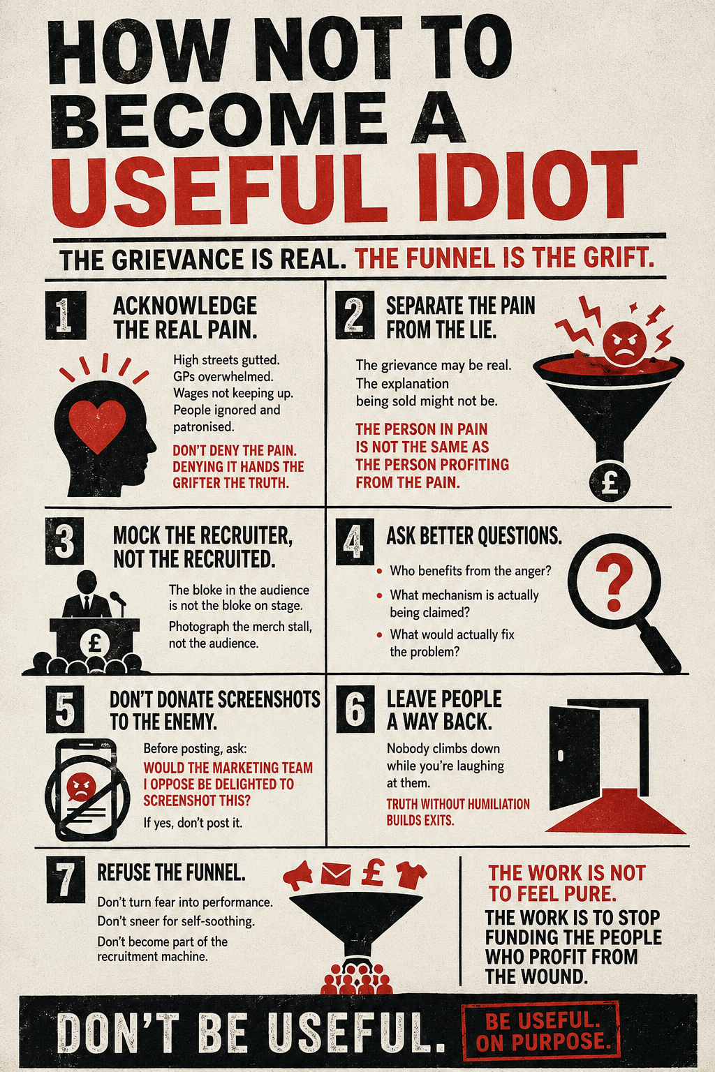Distressed black, red and cream poster headed ‘How Not to Become a Useful Idiot’. Seven numbered panels advise readers to acknowledge real pain, separate pain from the lie, mock the recruiter not the recruited, ask better questions, do not donate screenshots to the enemy, leave people a way back, and refuse the funnel. The poster ends: ‘Don’t be useful. Be useful on purpose.’