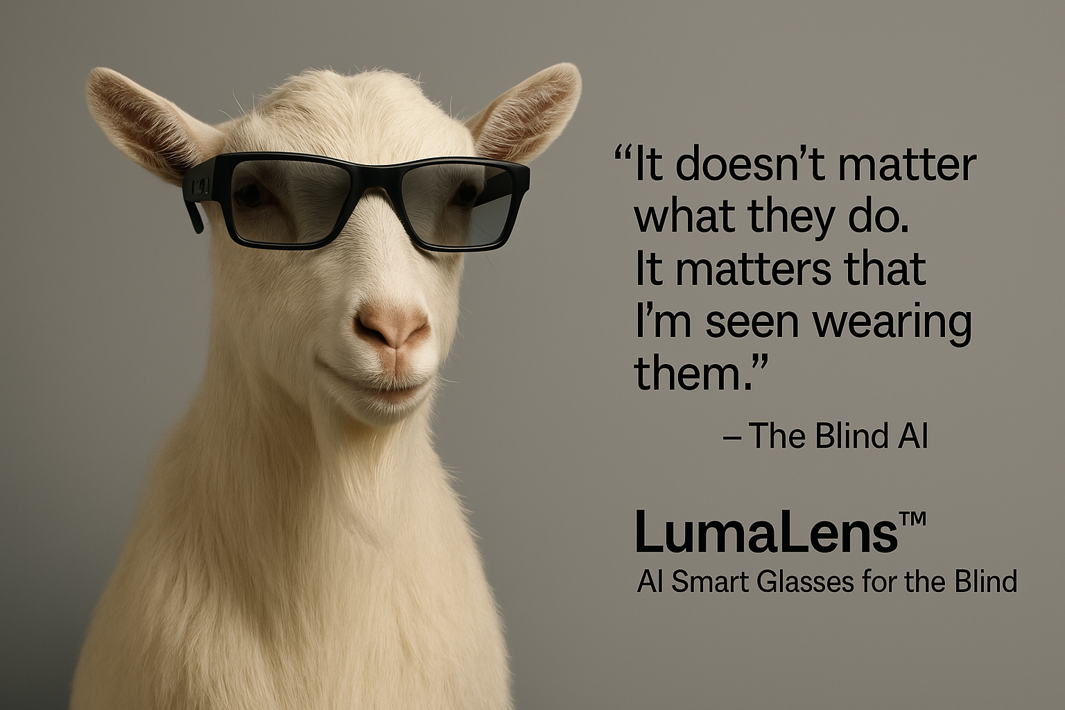 A white goat faces forward against a warm grey background, wearing oversized black-framed glasses. To the right, black text reads: ‘It doesn’t matter what they do. It matters that I’m seen wearing them.’ — The Blind AI. Below is the product name, ‘LumaLens™’, and the tagline, ‘AI Smart Glasses for the Blind.’
