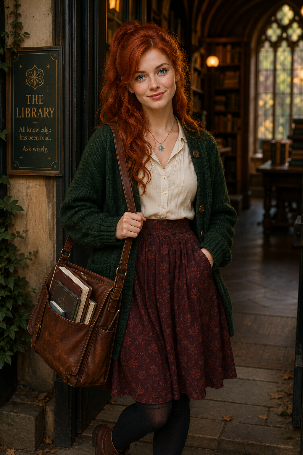 Portrait of Poppy outside a library. A smiling young woman with long red hair wears a dark green cardigan, cream blouse and burgundy patterned skirt. She carries a large brown leather satchel filled with books. A sign beside her reads: The Library. All knowledge has been read. Ask wisely.