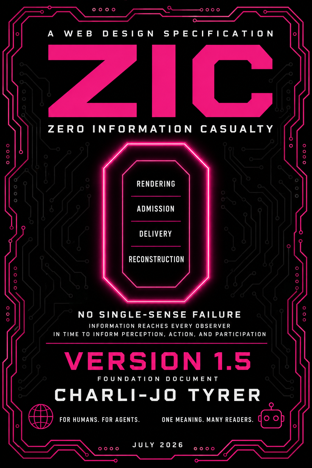 Cover of the Zero Information Casualty specification, version 1.5. Magenta and white on black, framed by a circuit-board border. A large outlined zero contains the four casualty classes: Rendering, Admission, Delivery, Reconstruction. Below: ‘No single-sense failure. Information reaches every observer, in time to inform perception, action, and participation.’ Foundation document by Charli-Jo Tyrer, July 2026.