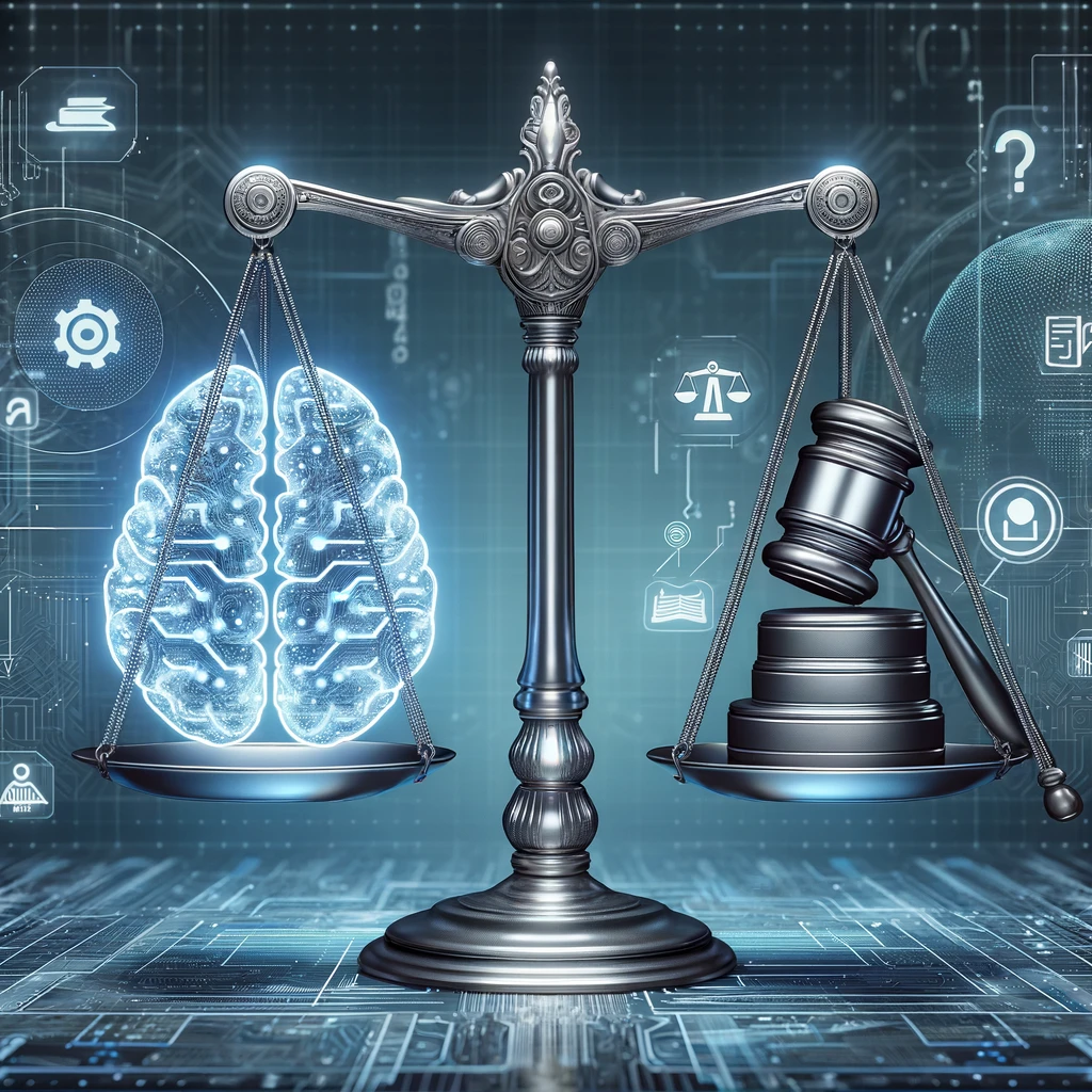An image of a balanced scale with two symbols: on one side, a digital brain representing Artificial Intelligence, and on the other side, an ethical symbol, such as a gavel or a book. The background is a futuristic, abstract design suggesting technology and innovation, subtly incorporating faint outlines of continents to indicate a global perspective.
