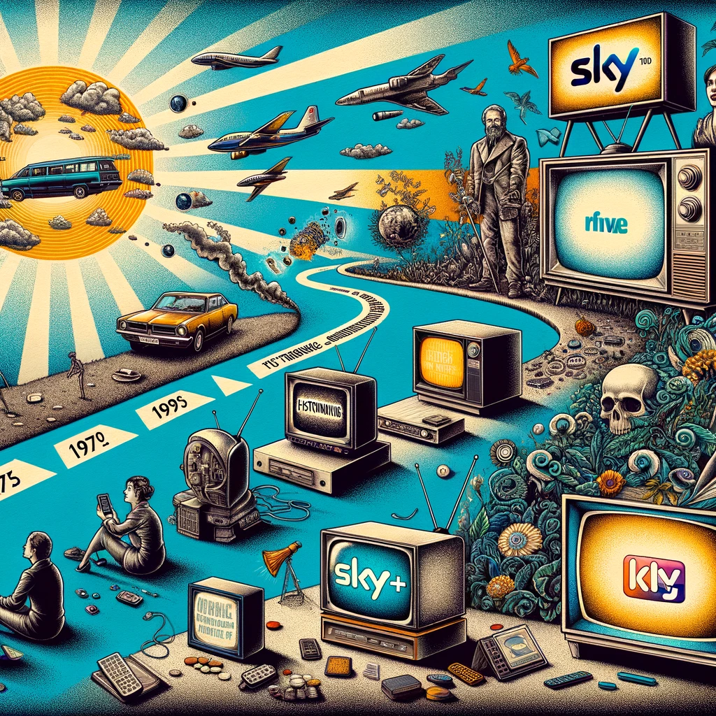 The image showcases a vibrant and dynamic journey through the evolution of media consumption. It starts with a vintage television set representing the 1970s, where viewers were bound to the broadcasters' schedules. The progression leads us through a series of more modern televisions, each symbolizing advancements in technology like the introduction of fast-forwarding capabilities on devices such as Sky+. As the timeline moves forward, we see a reference to the Sky+ system, denoting the era where viewers gained more control over their viewing experience.
&10;The artwork is rich with symbolic elements reflecting the cyclical nature of media. Advertisements are depicted metaphorically, perhaps through the recurring appearance of the television sets and commercial logos, alluding to the way ads have made a comeback in our digital platforms. The retro and contemporary aesthetics are blended throughout the image, with old and new elements intermingled, conveying the passage of time and the ever-changing media landscape.