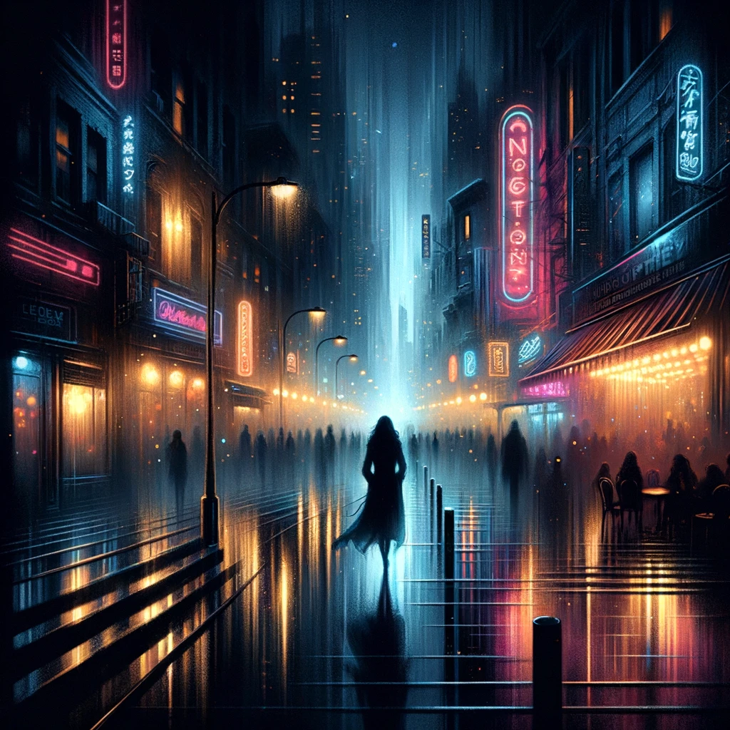 The image depicts a vibrant city scene at night, bathed in the glow of neon lights and wet streets that reflect the vivid colors and lights. In the center stands a lone figure, possibly a woman, silhouetted against the illuminated surroundings. She appears contemplative or perhaps lost in thought, adding a touch of mystery to the scene. The streets are lined with buildings showcasing neon signs in various languages, suggesting a bustling urban atmosphere that has quieted down for the night. The ambiance is one of solitude and introspection amidst a backdrop that usually pulses with life and energy.