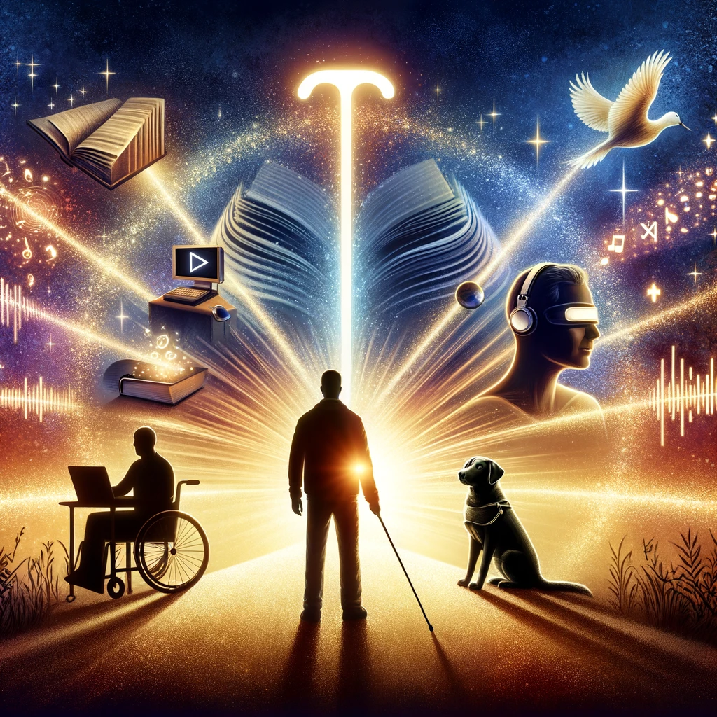 An inspirational and symbolic image depicting the evolution of technology for the blind. At the center is a large, glowing white cane, signifying independence and guidance. Radiating from the cane is a timeline of key technologies: tactile Braille script, a loyal guide dog, and an open book with emanating sound waves, representing talking books. In the background, a silhouette of a person using a computer with a Braille display and headphones symbolizes digital advancements like screen readers. The scene is warmly lit, suggesting a journey from darkness into light, with elements interconnected by a trail of shimmering stars, evoking a sense of empowerment, resilience, and transformative impact.