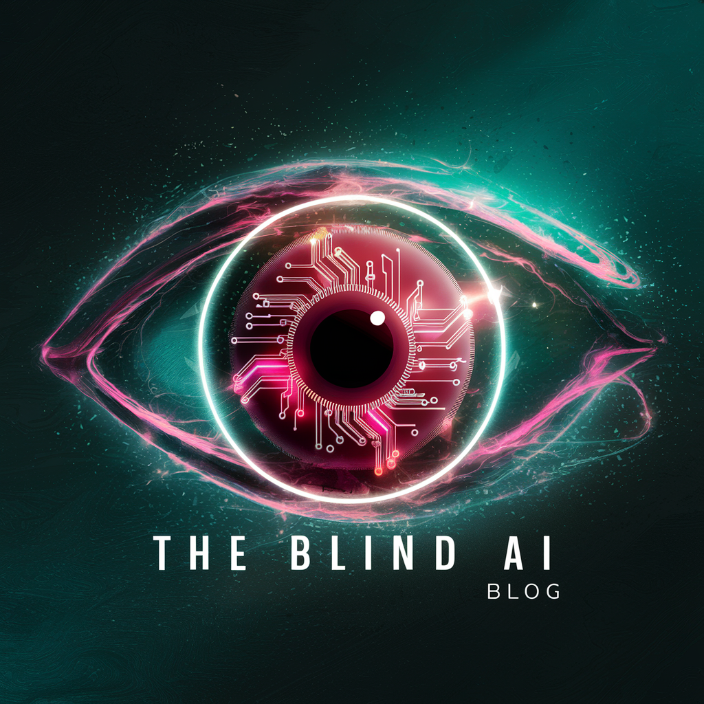 The image depicts a futuristic, cybernetic eye rendered with glowing circuitry and neon lights. The iris and pupil are composed of a red circuit board pattern. The eye is surrounded by swirling neon pink and teal light trails against a dark background with scattered particles, creating an ethereal, technological aesthetic. Below the eye is the text "THE BLIND AI BLOG" in white lettering, suggesting this image represents a blog or website focused on artificial intelligence technology and its potential implications or risks, symbolized by the "blind" cybernetic eye.