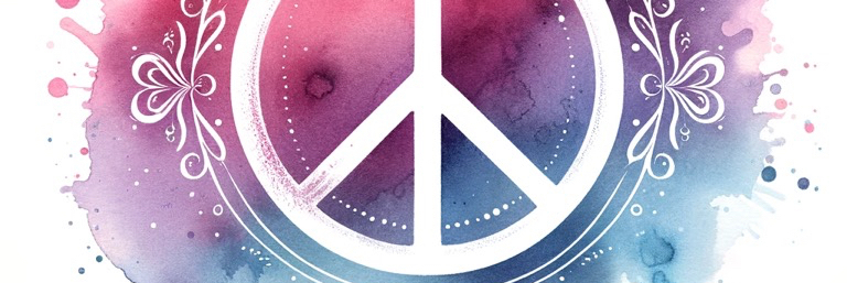 The image shows a peace symbol, central and prominent, with ornate floral patterns embellishing its border. The background blends shades of pink and purple, with a watercolor texture that gives the impression of a soft, diffuse boundary between the colors. There are splashes and speckles scattered around, suggesting an artistic, free-spirited vibe. The overall look of the image is one of harmony and creativity, exuding a sense of calm and serenity.